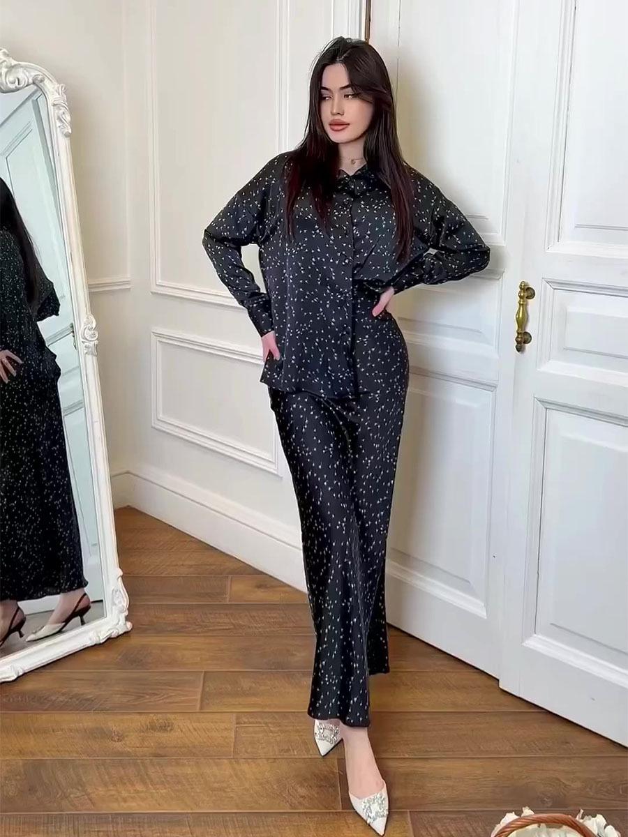 

Европейская и американская мода 2024 года: Атласная рубашка с длинным рукавом и юбка-годе с высокой талией для женщин M чёрный