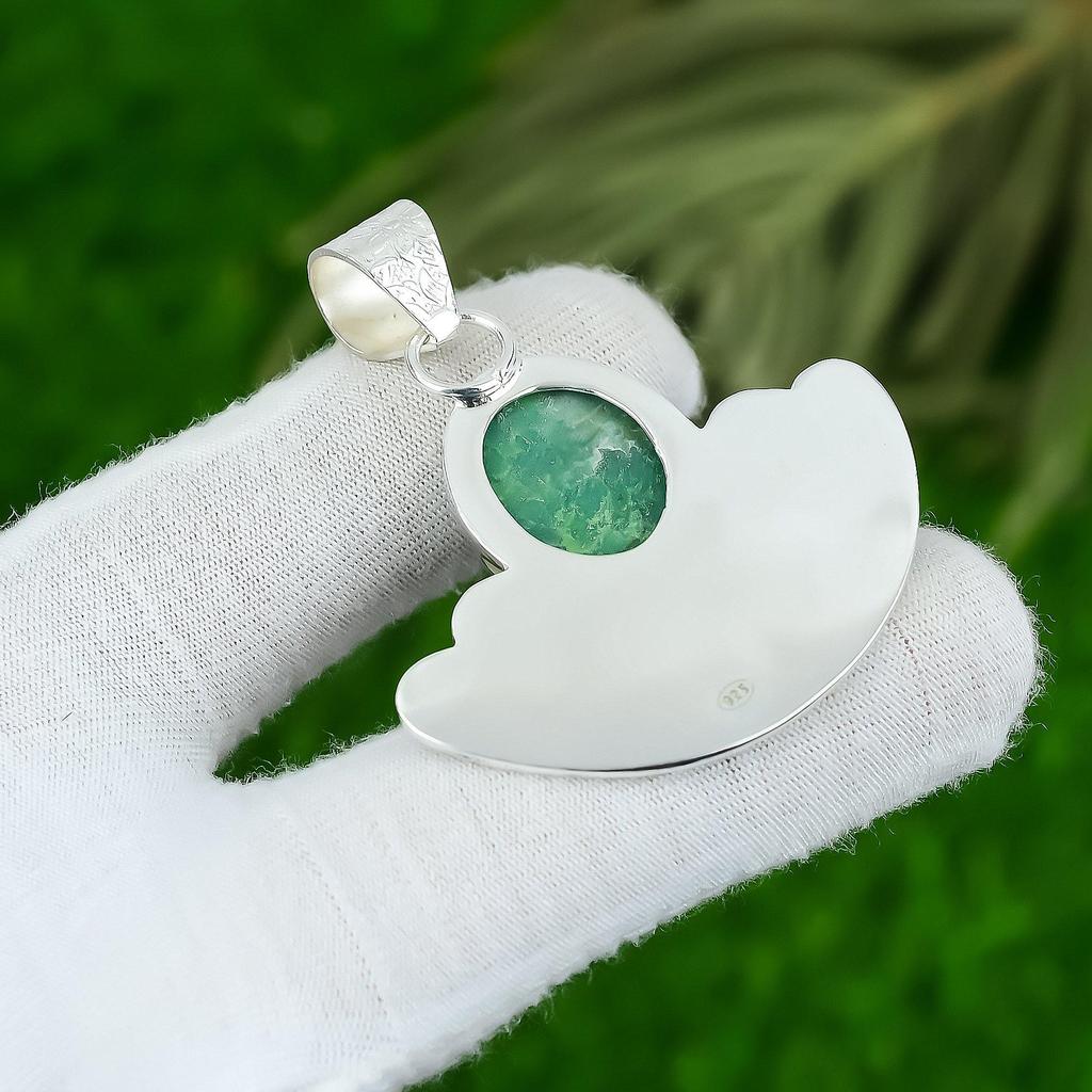 925 Sterling Silver Oval Natural Chrysoprase Wedding Anniversary Pendant Jewelry