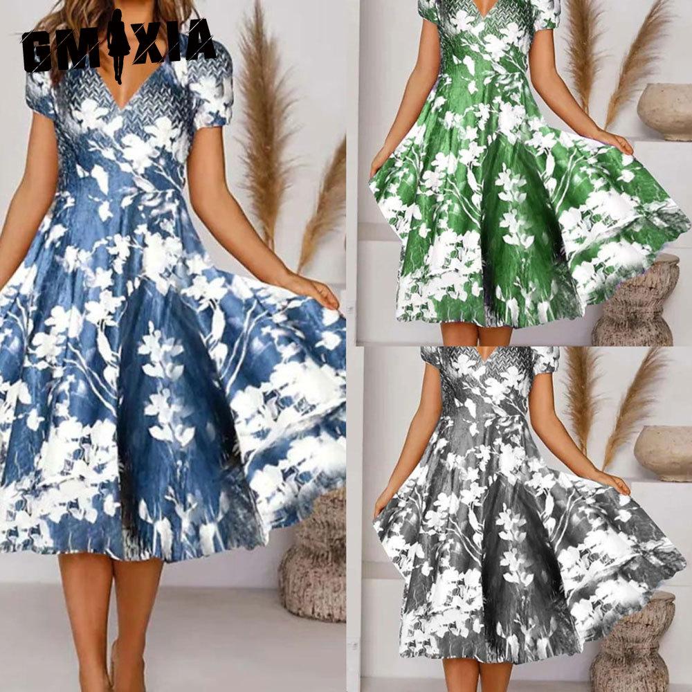 GMXIA Abiti casual con scollo a V a maniche corte primavera estate moda donna