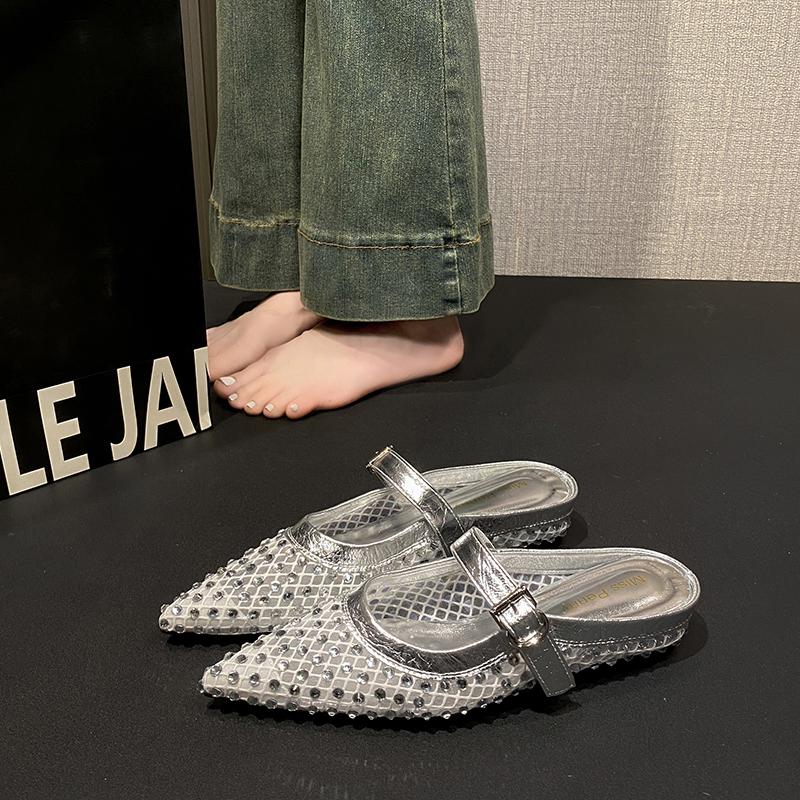Fashion Fashionable Summer Women Slippers 2025 New Leisure Slipper Retro Pointed Toe Metal Buckle Fashion Half Slipper