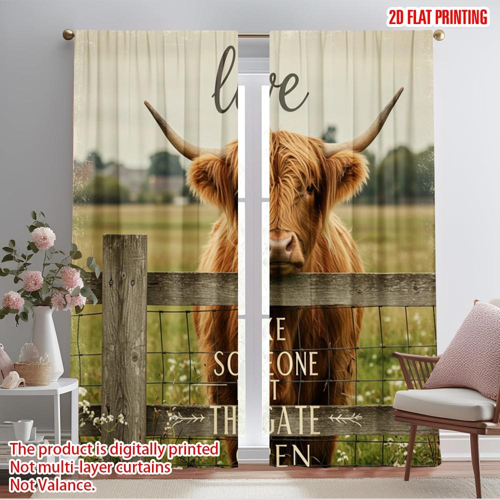 

2pcs 2D flat printing Curtain Highland Cow Open Gate 100% Polyester Fabric Without Electricity All Season Party & Holiday Decor 52.50×116.00 CM 2pcs
