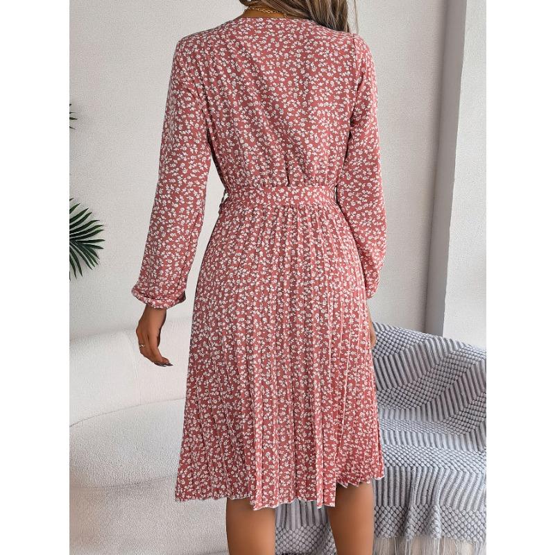 Women's Fashion Spring Fall Flower Pattern Print Long Sleeve O-Neck High Waist Casual Dresses