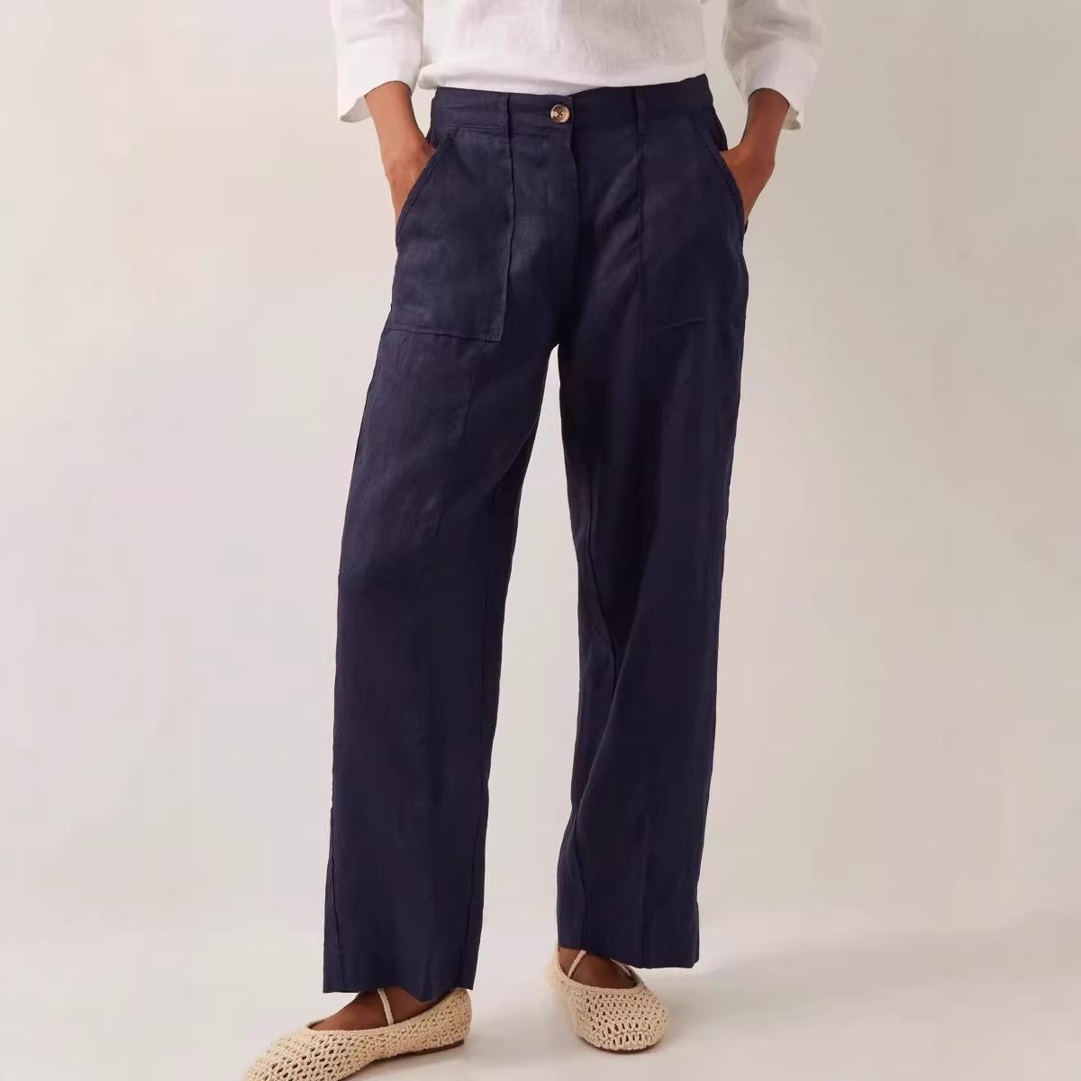 

2026 EU Size Women s Cotton Linen Trousers - Large Pockets, Elastic Waist, Loose Fit Casual Pants L темно-синього кольору