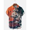 Retro Short Sleeve 3d Print Shirt Summer Casual Fun Hawaiian Ukiyoe Kitten Fishing Shark Print Lapel Short Sleeve Shirt