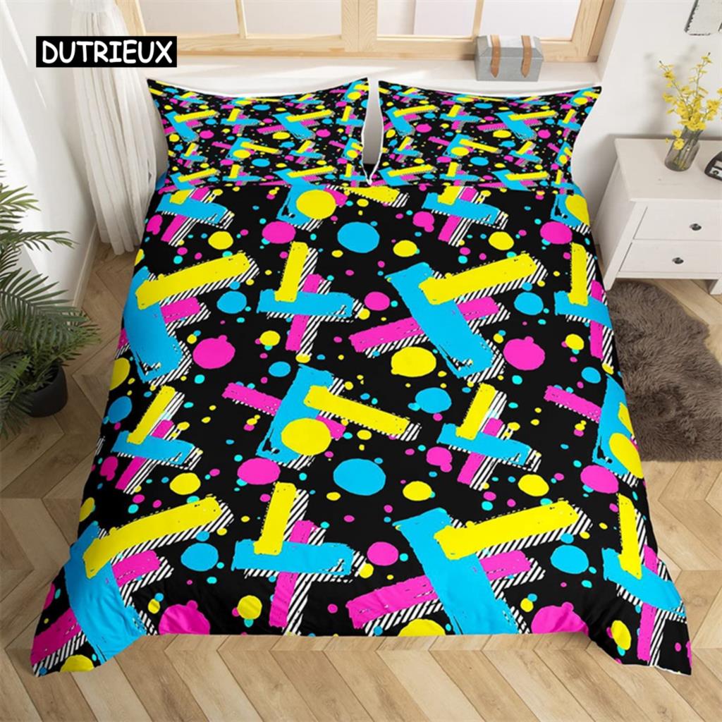 Psychedelic 3D Geometric Duvet Cover Microfiber Colorful Pop Abstract Art Comforter Cover Retro 80s Style Bedding Set Queen Size