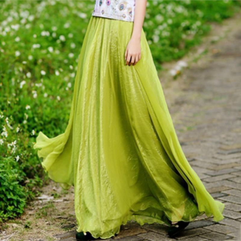 

Весна-лето Тонкая свободная женская шифоновая юбка Новая мода Повседневная свободная элегантная А-силуэт Длинные юбки Женская однотонная женская одежда 3498 XL