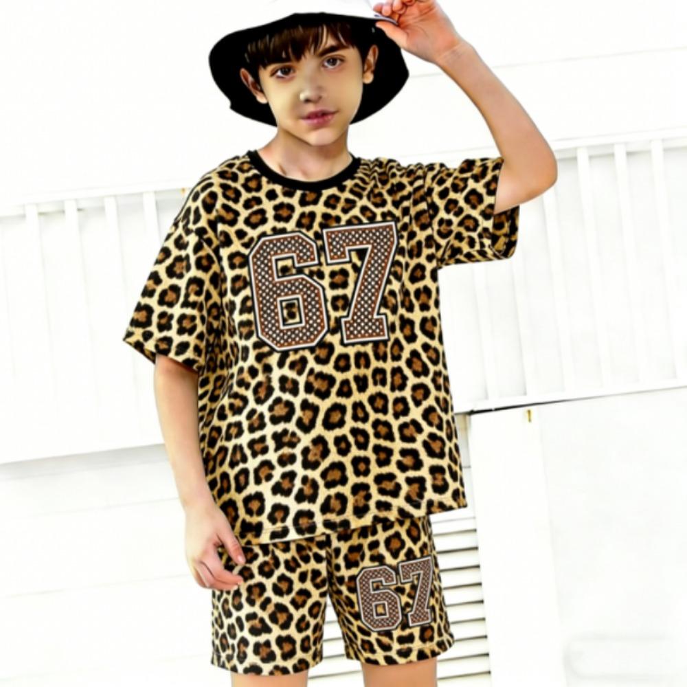 Number 67 Leopard Colored Printed Kids T-shirt and Shorts 2 Piece Set Summer Casual Outfit for Boys and Girls Kids Clothing Top