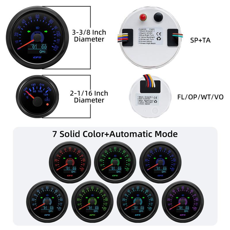 Black 85mm GPS Speedometer 80MPH Waterproof 6 Gauge Kit Fit Car Boat Marine Gasolines Vehicle Tachometer Water Temp Fuel Gauges