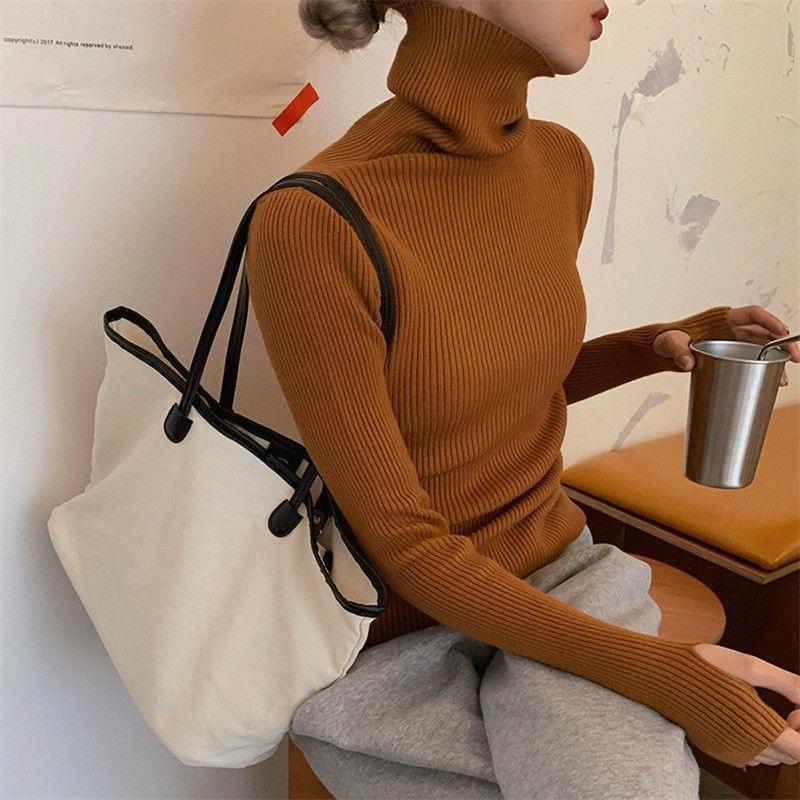 Knitted Sweater Women Korean Version Turtleneck Sweater Autumn Solid Color Pullover Slimming Interior Lapping Warm Basic Tops