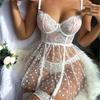 European & American Sexy Women's See-Through Lace Mesh Suspender Lingerie Nightgown Set