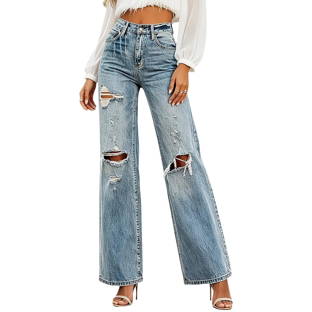 Women's Casual Ripped Wide Leg Jeans