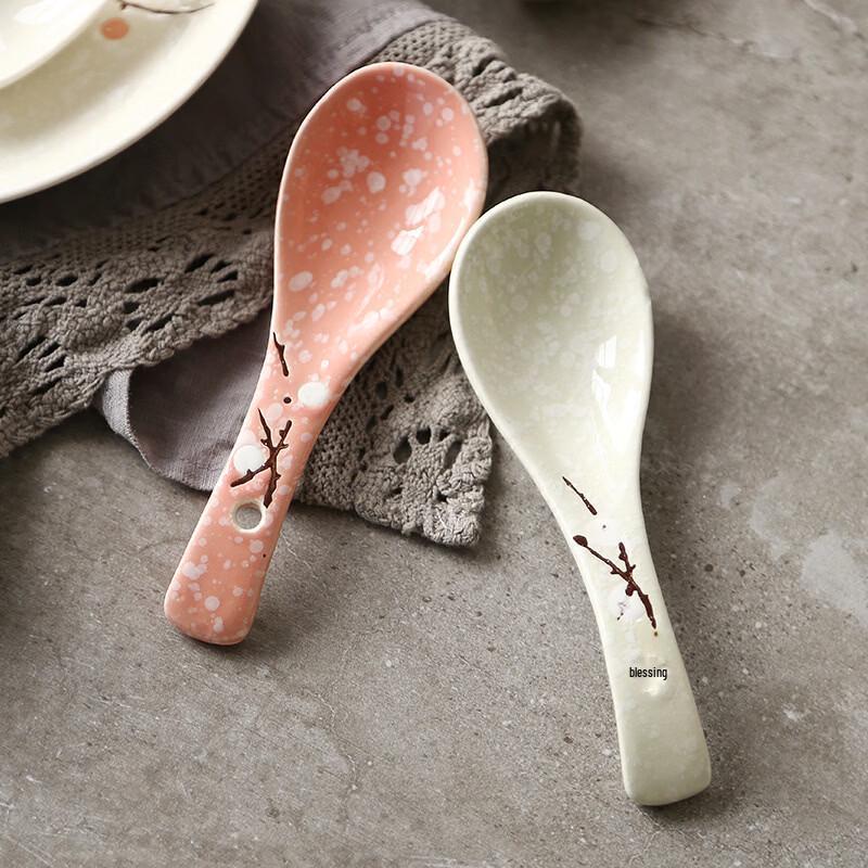 Japanese Hand-Painted Plum Blossom Ceramic Spoons 5 Pieces