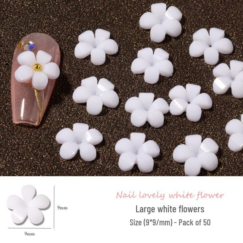 100pcs 3D Japanese-Style Five-Petal White Flower Resin Nail Decorations