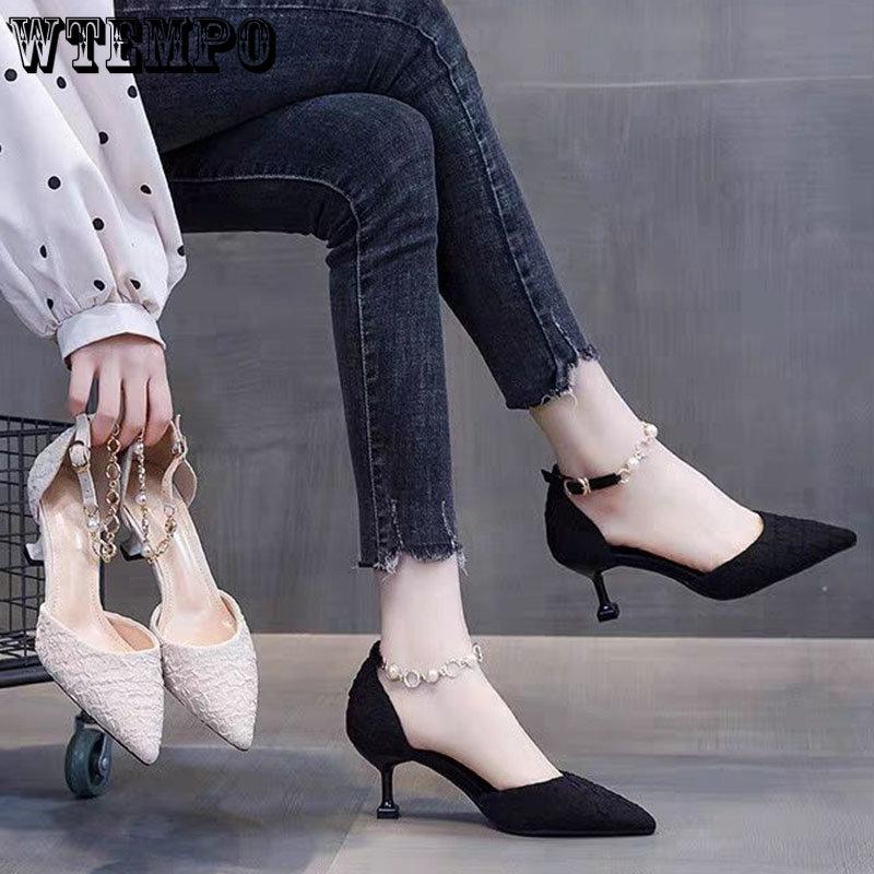 

WTEMPO Туфли на высоком каблуке с прорезями и пряжкой. Женские весенне-летние универсальные сандалии с острым носком на тонком каблуке из эластичной ткани с жемчугом в сказочном стиле. 35 чёрный