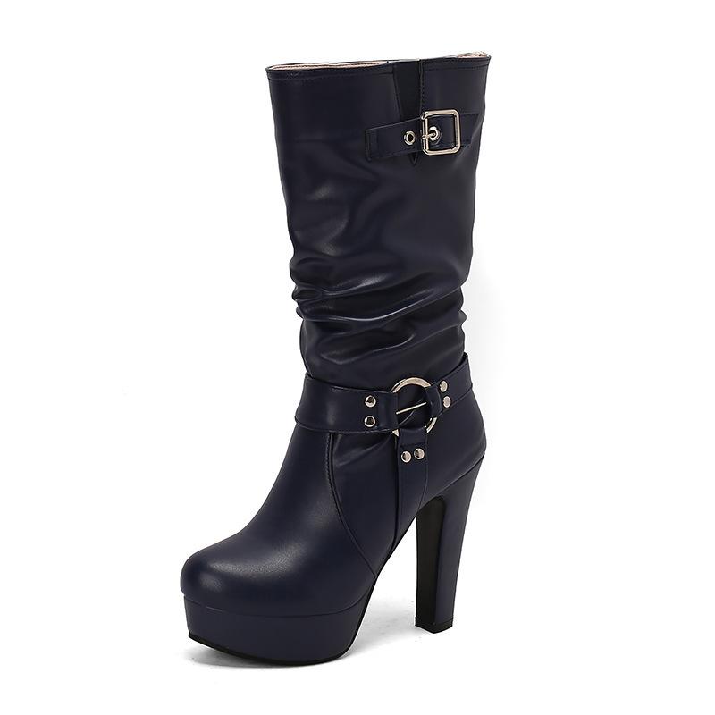 

Женские модные ботинки с плиссировкой и широкой пряжкой, красные, белые, на высоком каблуке, до середины икры, на платформе, с круглым носком, на квадратном каблуке 12 см, женская обувь 38 синий