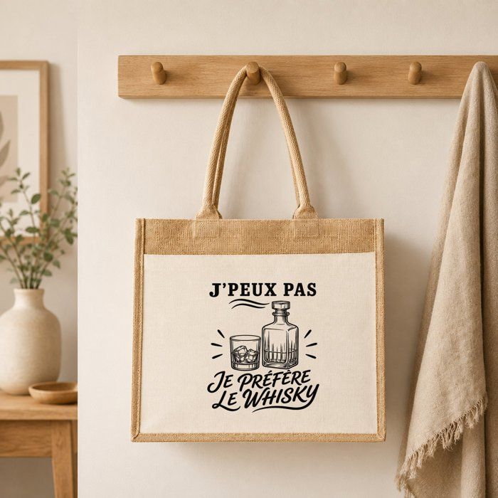 Sac cabas - PLANETEE - J'peux pas je préfère le Whisky - Toile de jute et coton - 21 L (43×33×21 cm) - Illustration noire