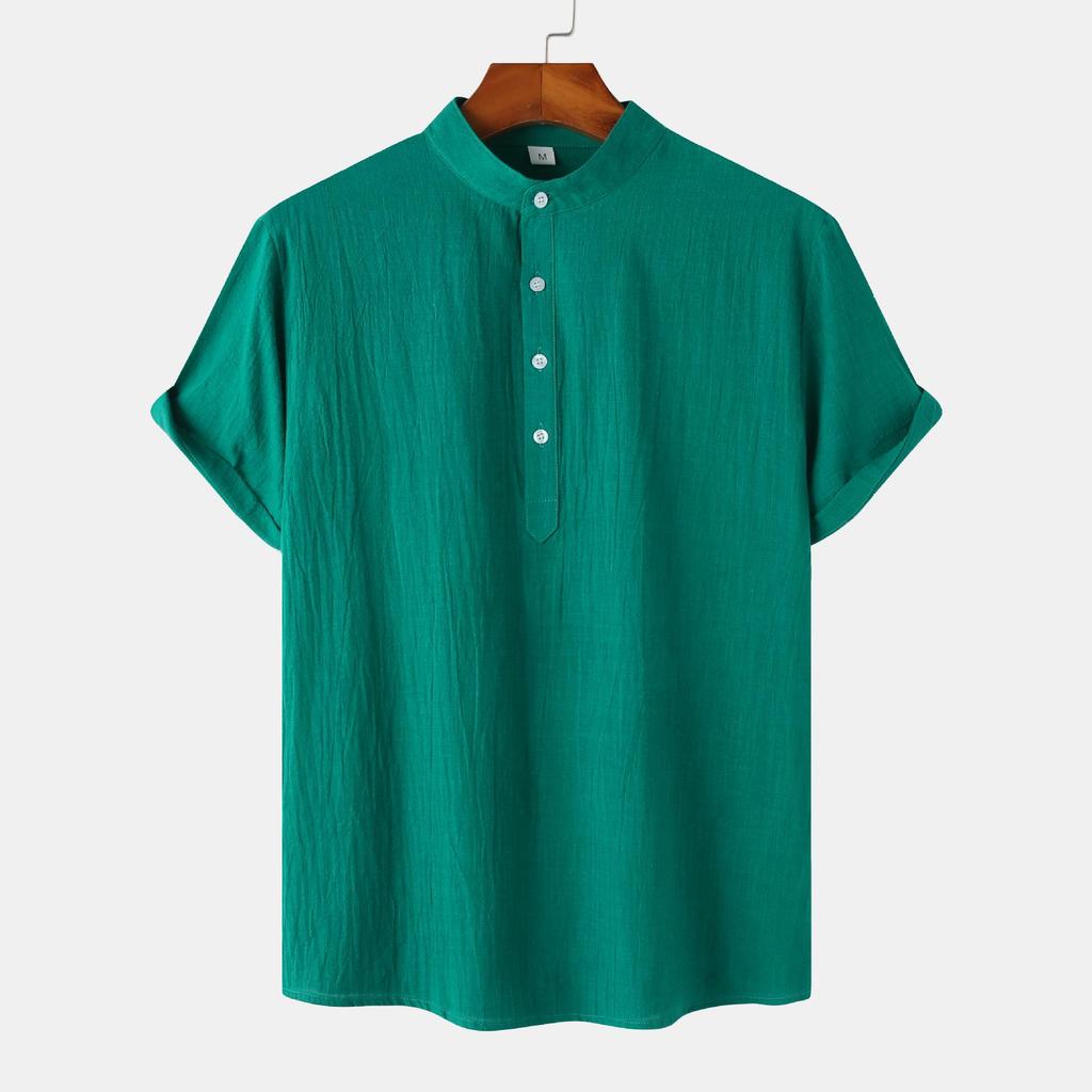 Summer 2024 Bestseller: Men's Solid Color Cotton Linen Stand Collar Short Sleeve Shirt - European & American Style