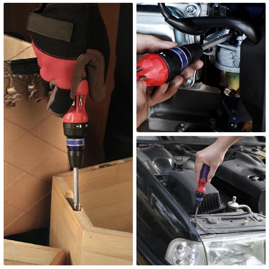 WORKPRO Interchangeable Screwdriver Set with 6 Ratchet Repair Ratchet Square Bit Automotive Furniture Assembly 12-in-1 Bits, Driver, Tool, 6.35mm