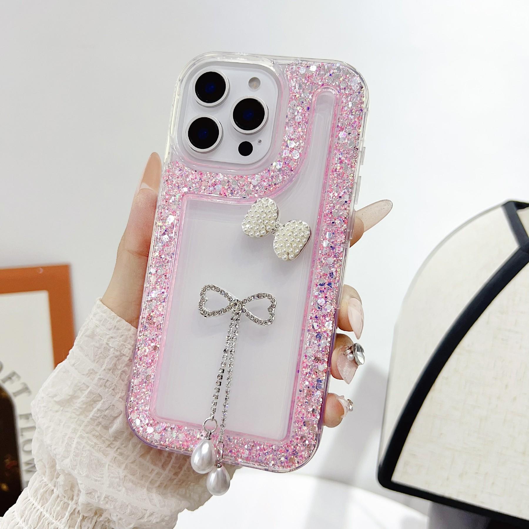 

For iPhone 16 Pro Max Case with Bow Decor Glitter Rhinestone Epoxy Design TPU Phone Cover Pink