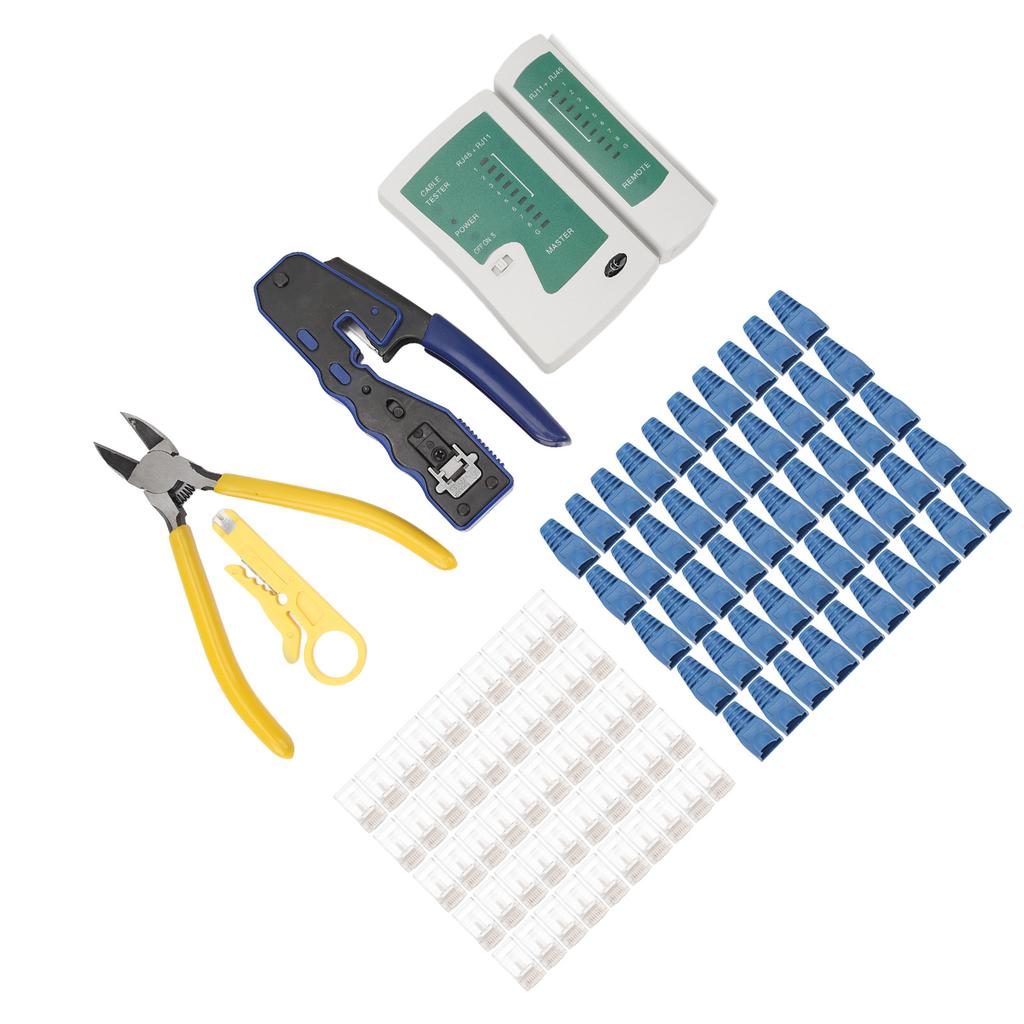 Netzwerkkabeltester RJ45 Crimpzange Crimpwerkzeug-Kit Abisolierwerkzeug mit 50 Stück Pass-Through