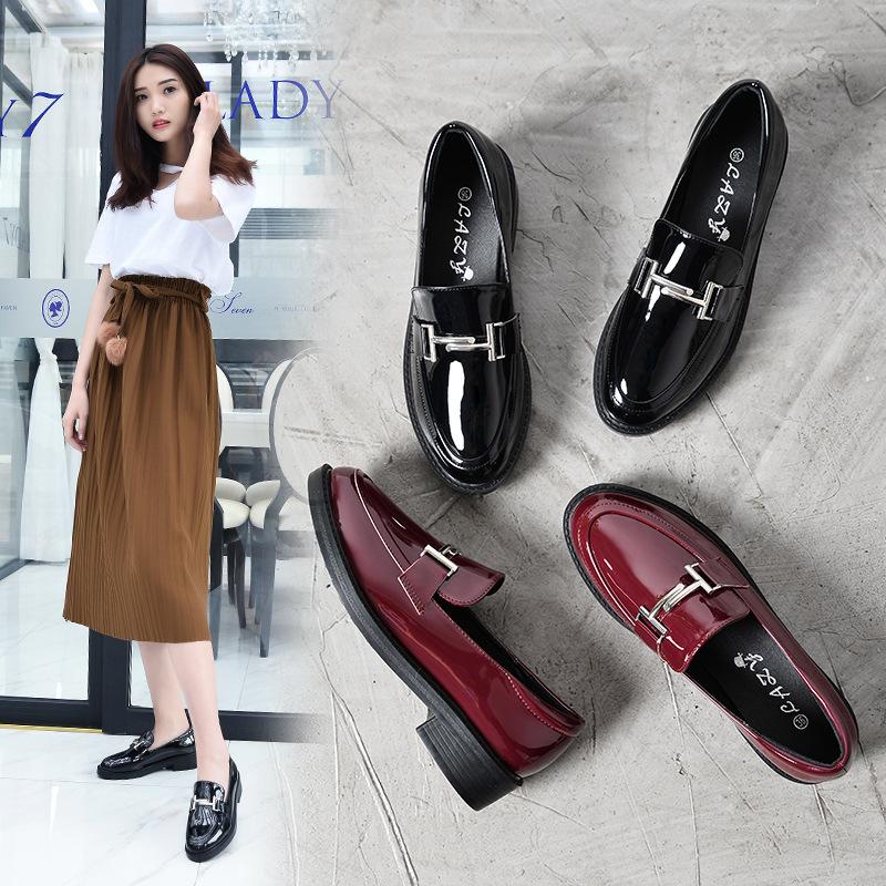 Small Leather Woman Shiny Oxfords Round Toe Low Square Heels Loafers Femme Creepers Ladies Comfy Sneakers Dress Flats