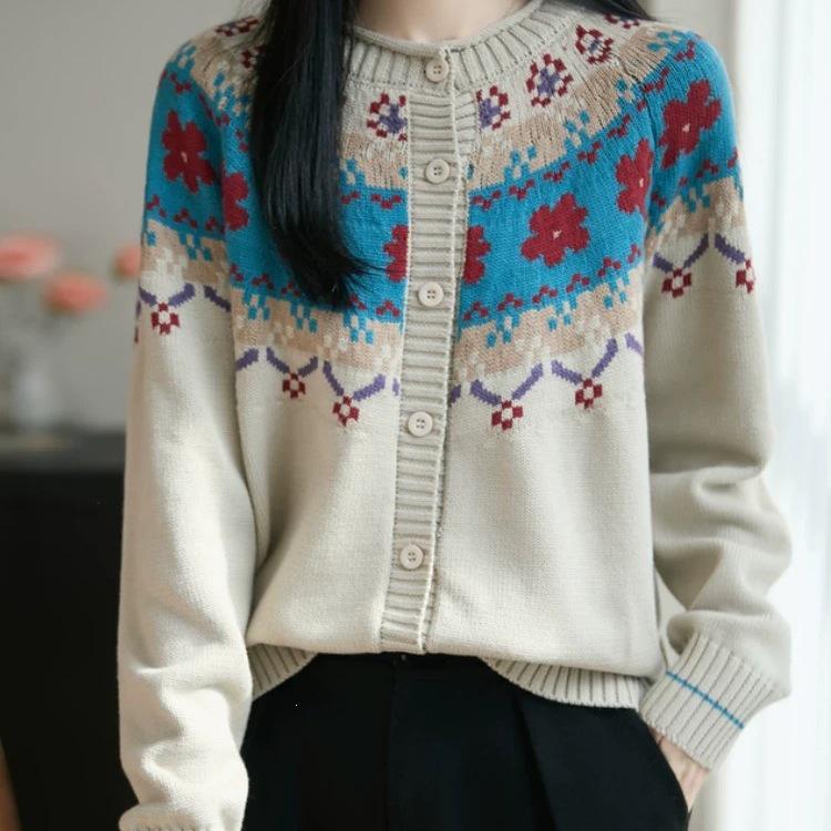 Women's Retro Fair Isle Knit Cardigan - 2026 Spring/Autumn, Lazy Style Petite Outerwear Top