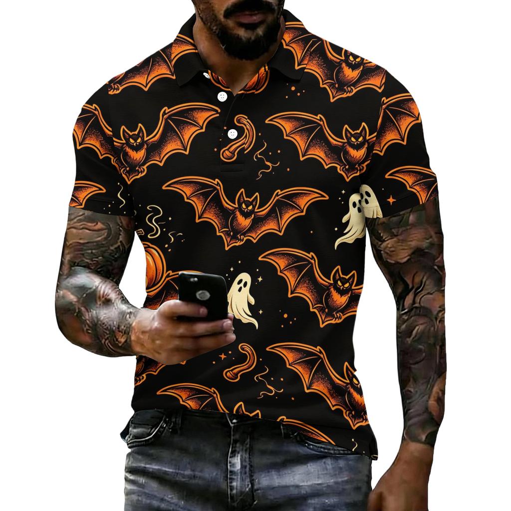 Men's Halloween Print Vintage Texture Short Sleeve Polo Shirt Loose Breathable Summer Sports Streetwear Casual Everyday Top