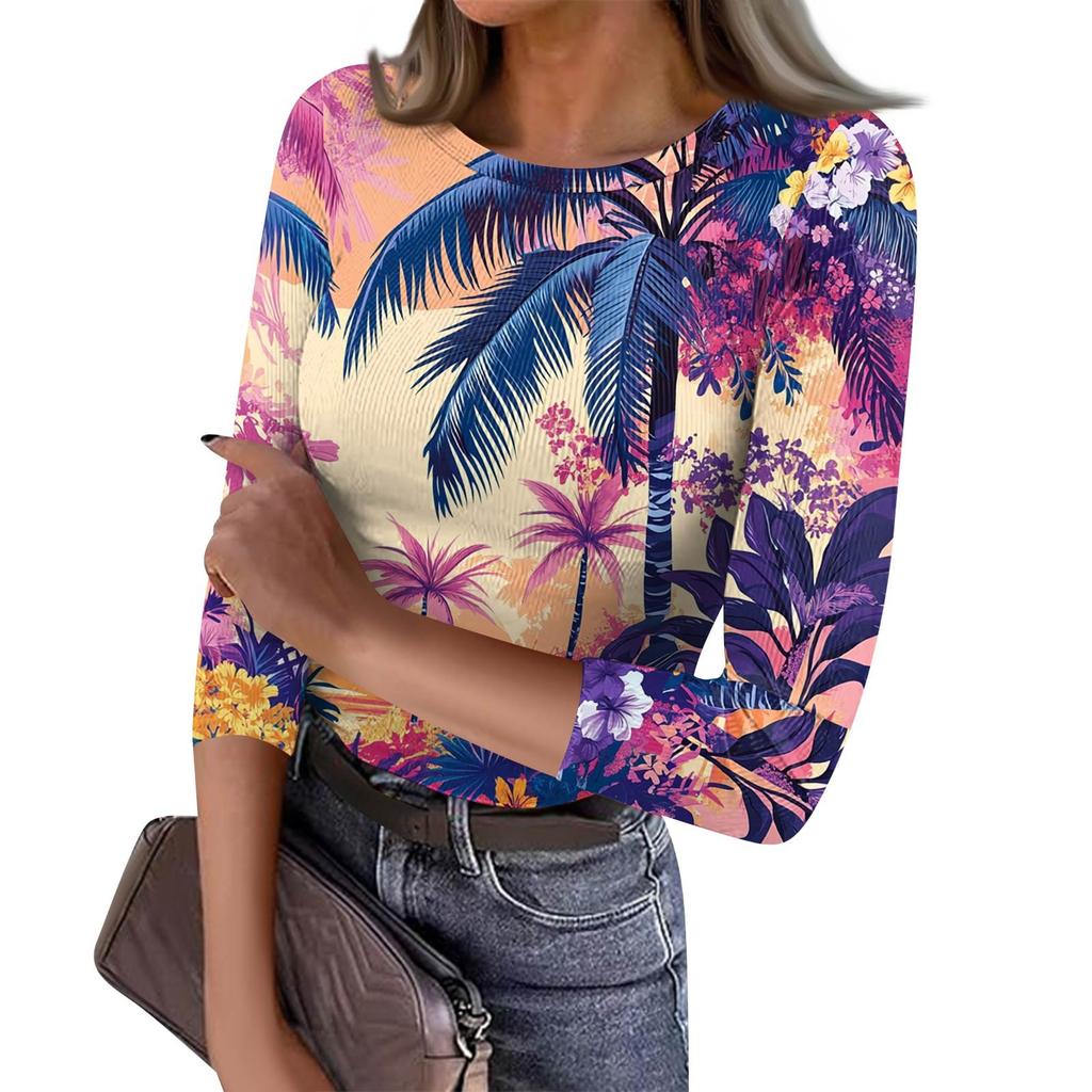 Women's Slim Bottom T-shirt Fashion Casual  Printed Round Neck Pullover Seven Sleeve Top