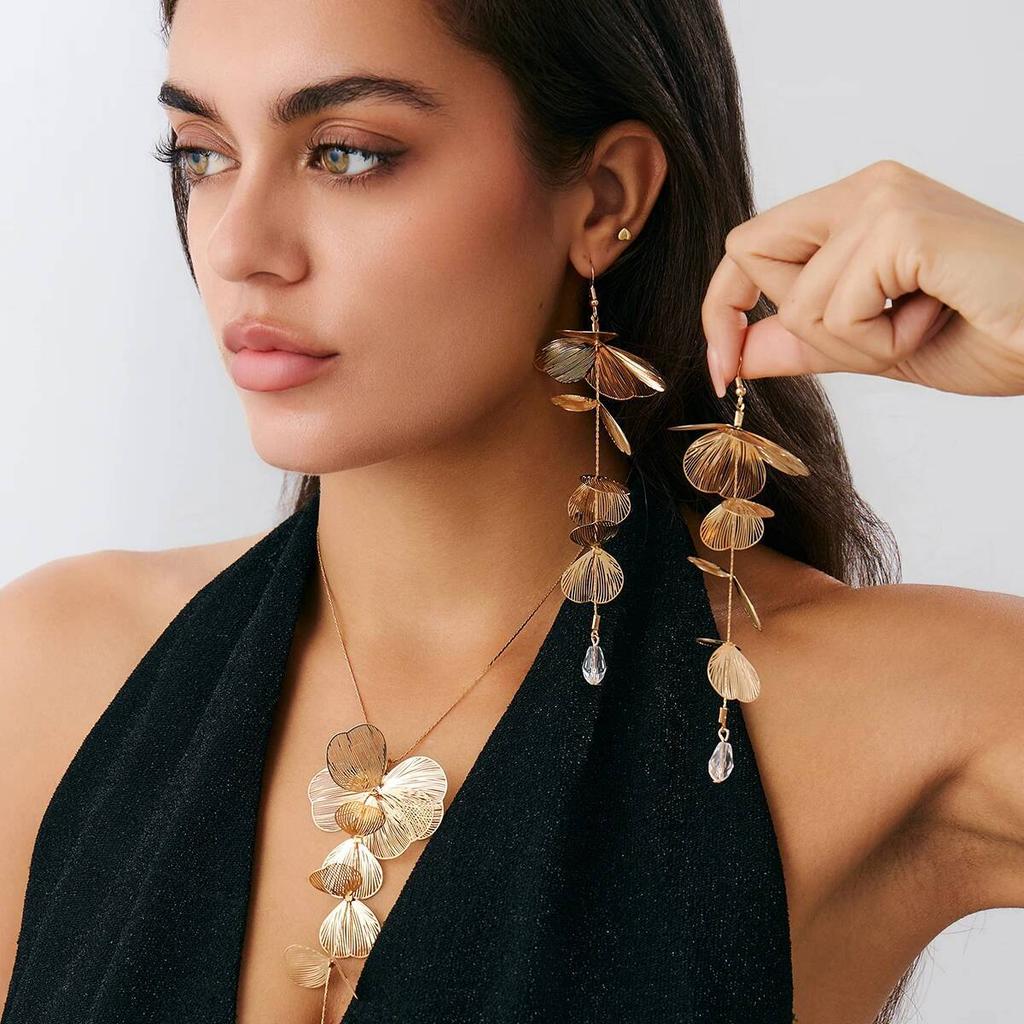 Salircon Fashion Elegant Long Metal Petal Flower Tassel Pendant Necklace Earrings Women Exquisite Earrings Banquet Jewelry Set