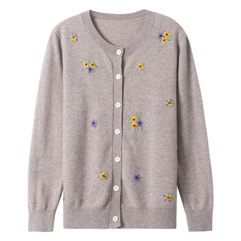 Women's Floral Embroidered Pure Wool Knit Cardigan Sweater