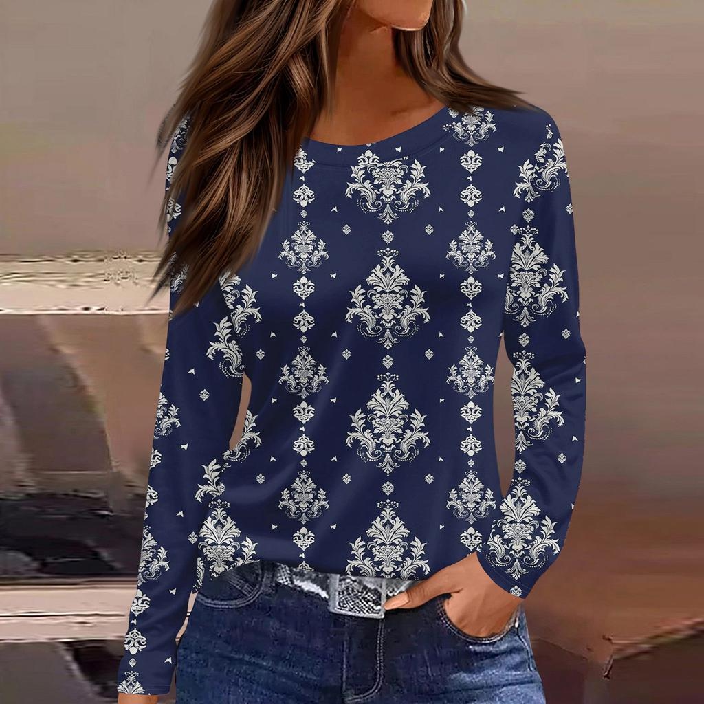 Women's Fashion Casual Slit Hem Round Neck Long Sleeve Loose Printed T-Shirt Ladies Top