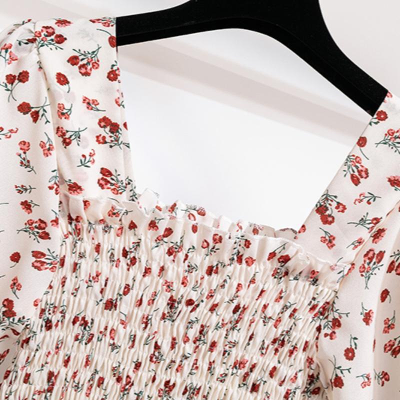 Chiffon Dress Women Dresses Female Short Sleeve Elastic Waist Printed Floral Pleated Backless Casual Dress