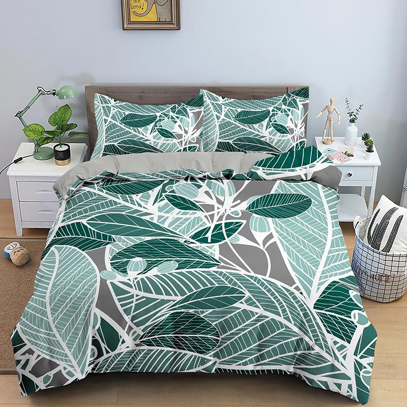Green Leaves Bedding Set Girls Boys Kids King Twin Full Size Duvet Cover Set Pillowcase Cartoon Style Polyester Comforter Sets