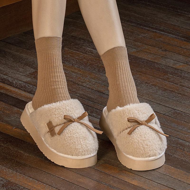 New thick-bottomed heightening bow fluffy slippers winter indoor home piled thermal cotton slippers can be worn outside