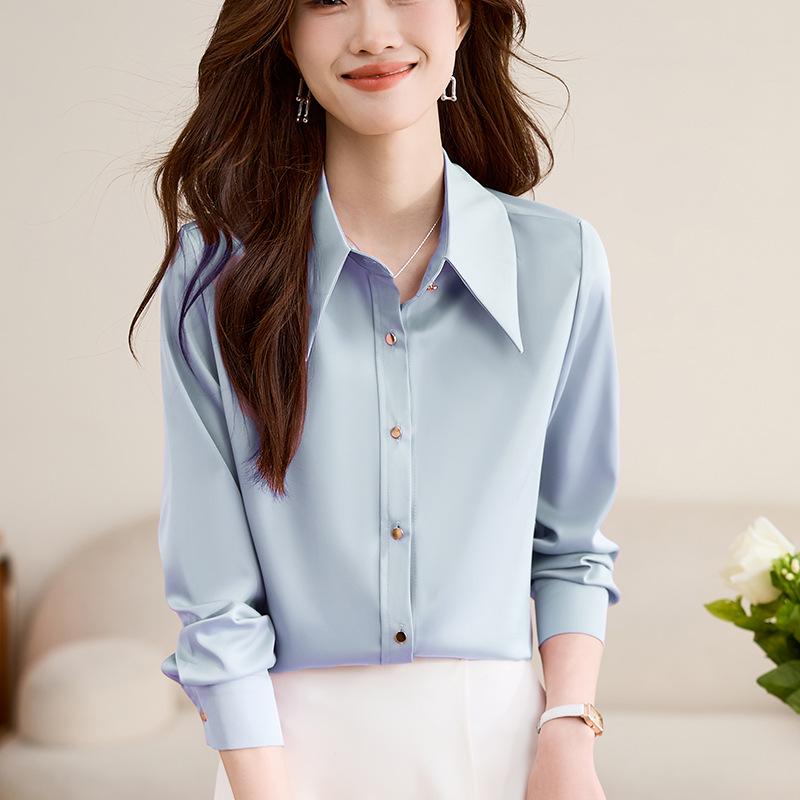 Women's Fashionable Purple Satin Long-Sleeve Shirt for Early Spring - Chic & Stylish OL Commute Wear.