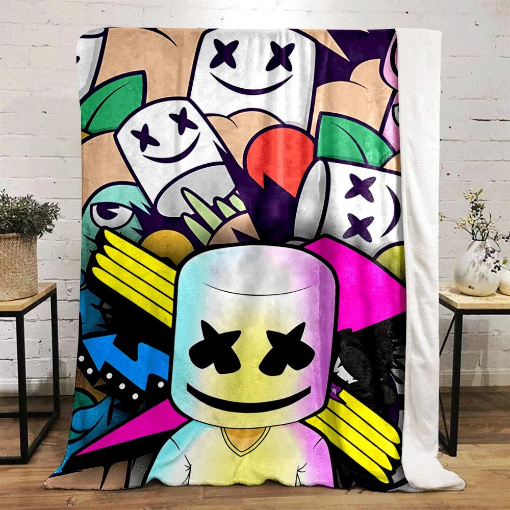A colorful collage with smiling marshmallow faces and bold shapes. for all seasons blanket lunch break throw gift