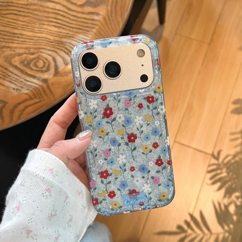 Модный прозрачный чехол с блестками и маленькими цветами для iPhone 17 Pro 16 15 14 Pro Max, чехол с цепочкой, корейский милый мультяшный задний чехол iPhone17 Pro Max