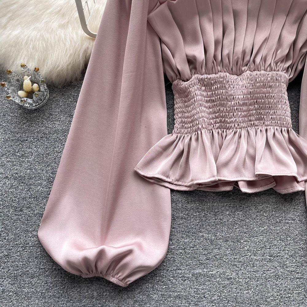 RUGOD Dámská podzimní košile s úzkým pasem a čtvercovým límcem, krásná košile s dlouhým rukávem