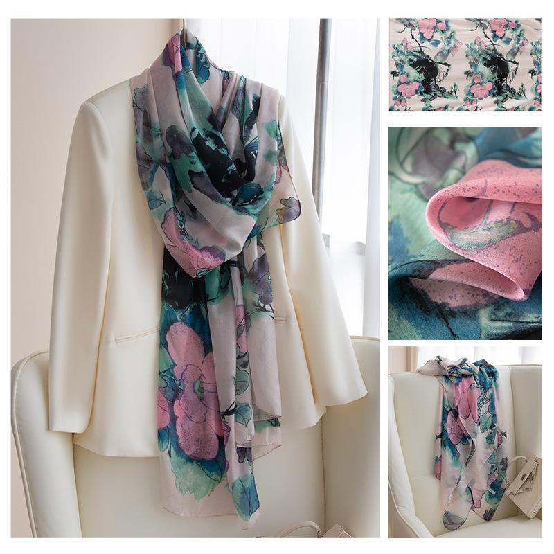 Long Strips of Silk Scarf  High-end Sense Mulberry Silk Scarf  Women's Fresh Small Floral Thin Style  Atmosphere  Big Shawl