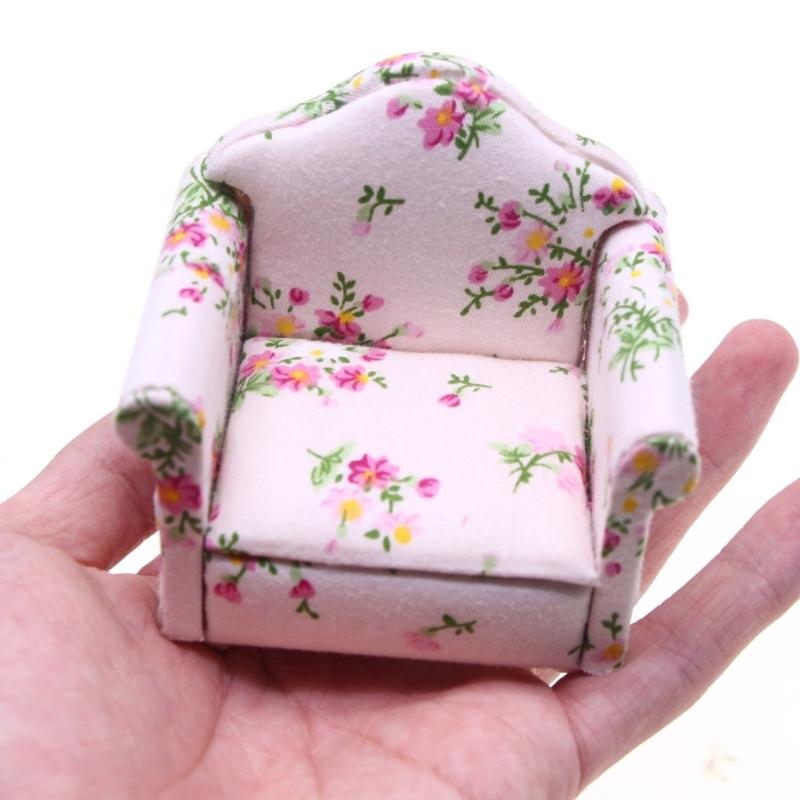 Miniature Flower Print Sofa Figurine For Doll House Wood Single Couch Furniture for Adult and Kids Collectible Project