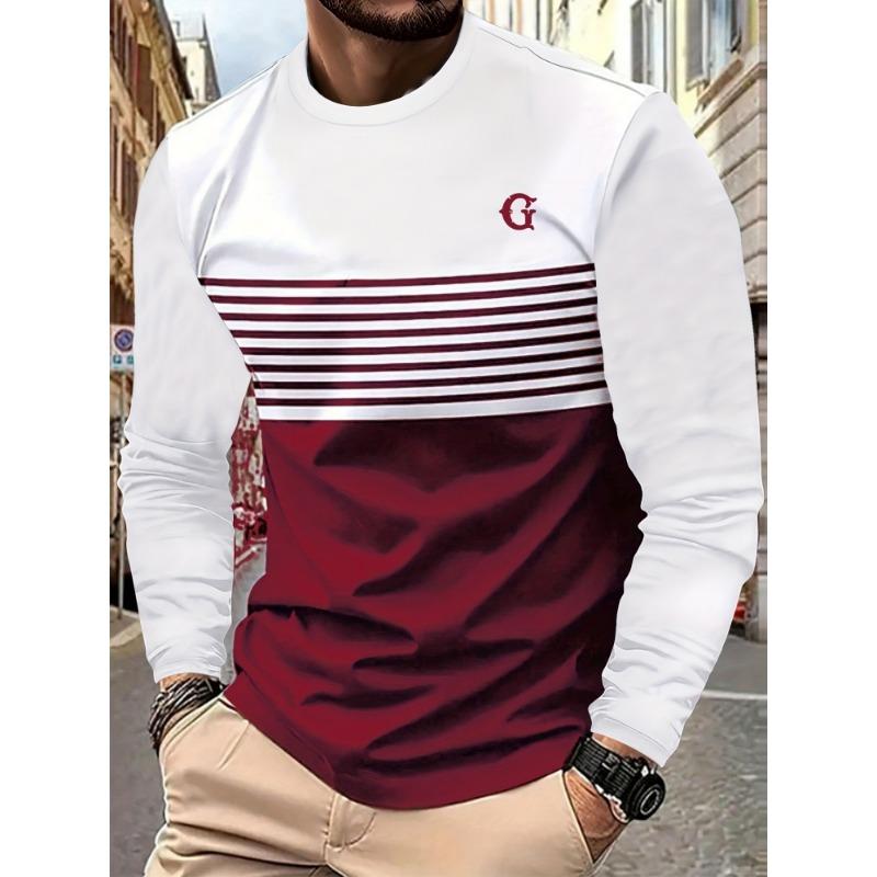 Autumn Fashion Men's Eagle Print Long Sleeve T-shirt Striped Casual Sports Sweatshirt Loose Top Men's Commuter Long Sleeve