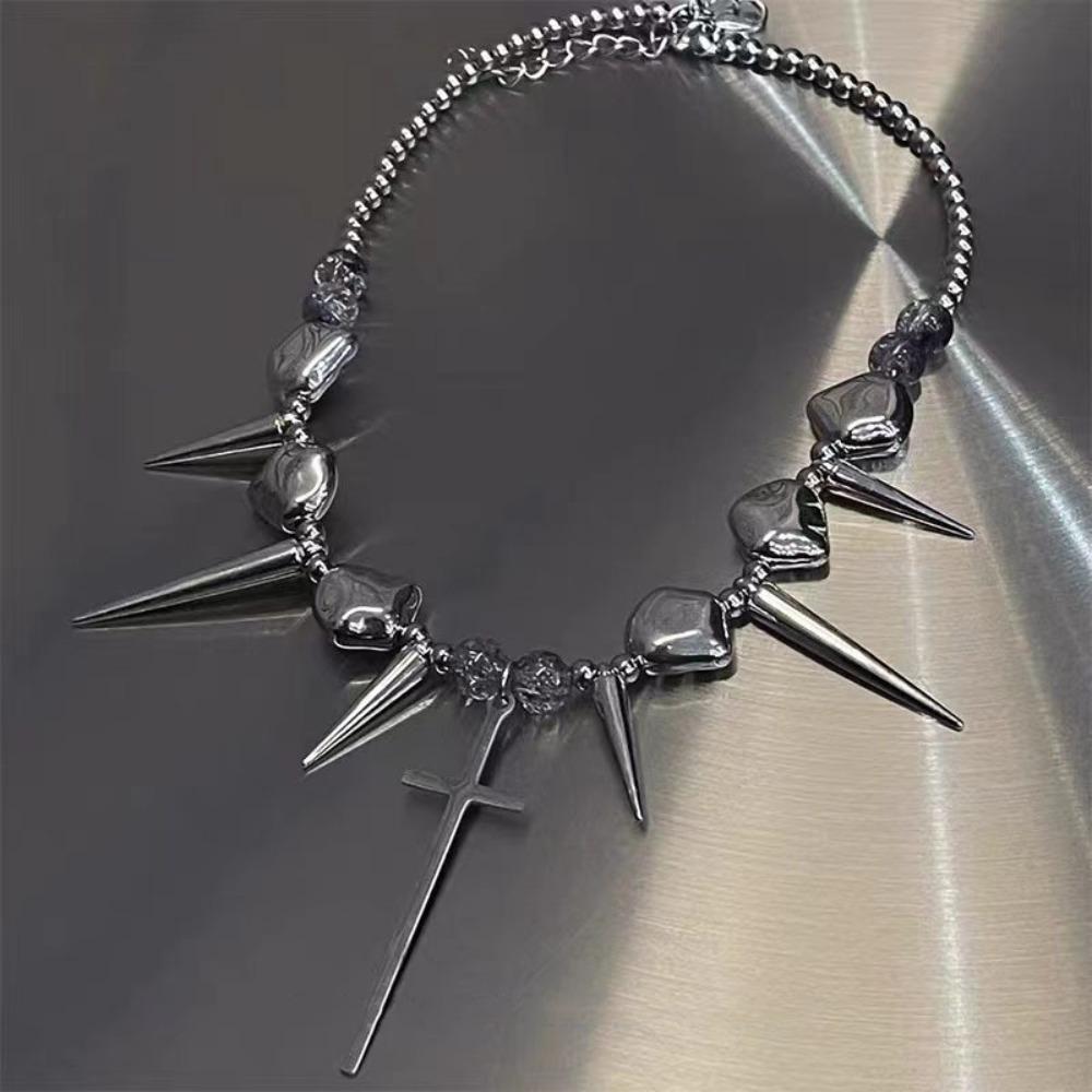 Y2k Subculture Spike Cross Rivet Tassel Necklace Glass Crystal Beads Beaded Chain Choker for Women Men Goth Punk Grunge Jewelry