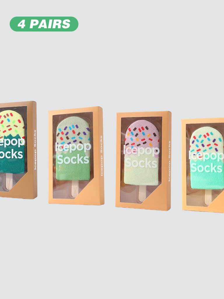 4 Pair of Mid-calf Unisex Socks In a Novelty Ice Cream Design, a Unique and Interesting Festive Gift.