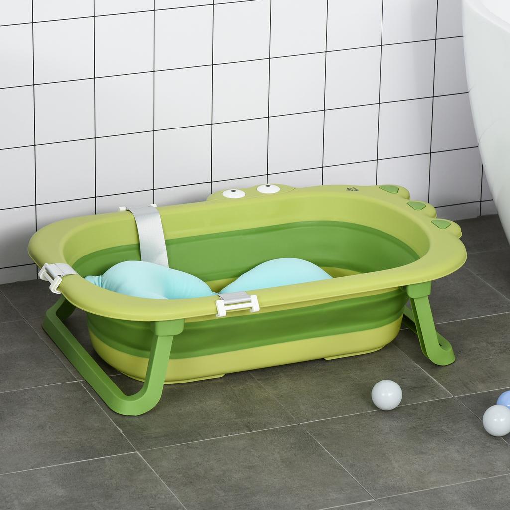 Baignoire Bébé Pliable, 0-3 Ans, Coussin Bleu, Pieds Antidérapants, 80x53.9x20.8 cm, Vert