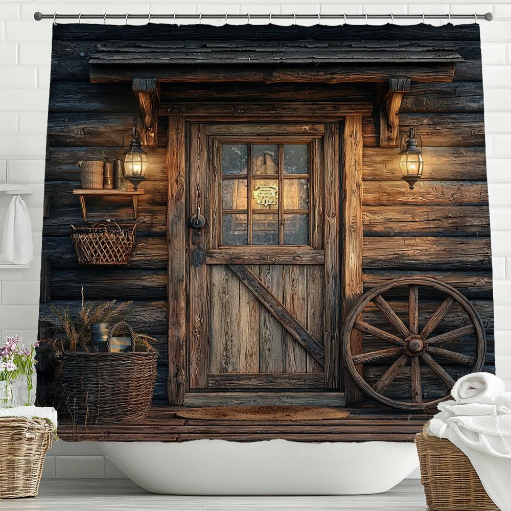 

Wooden Doors And Windows Style Of Country Farmhouse Shower Curtain, Bathroom Decorative Shower Curtain, Home Curtain With Hooks W60H190(CM)-1 Pcs