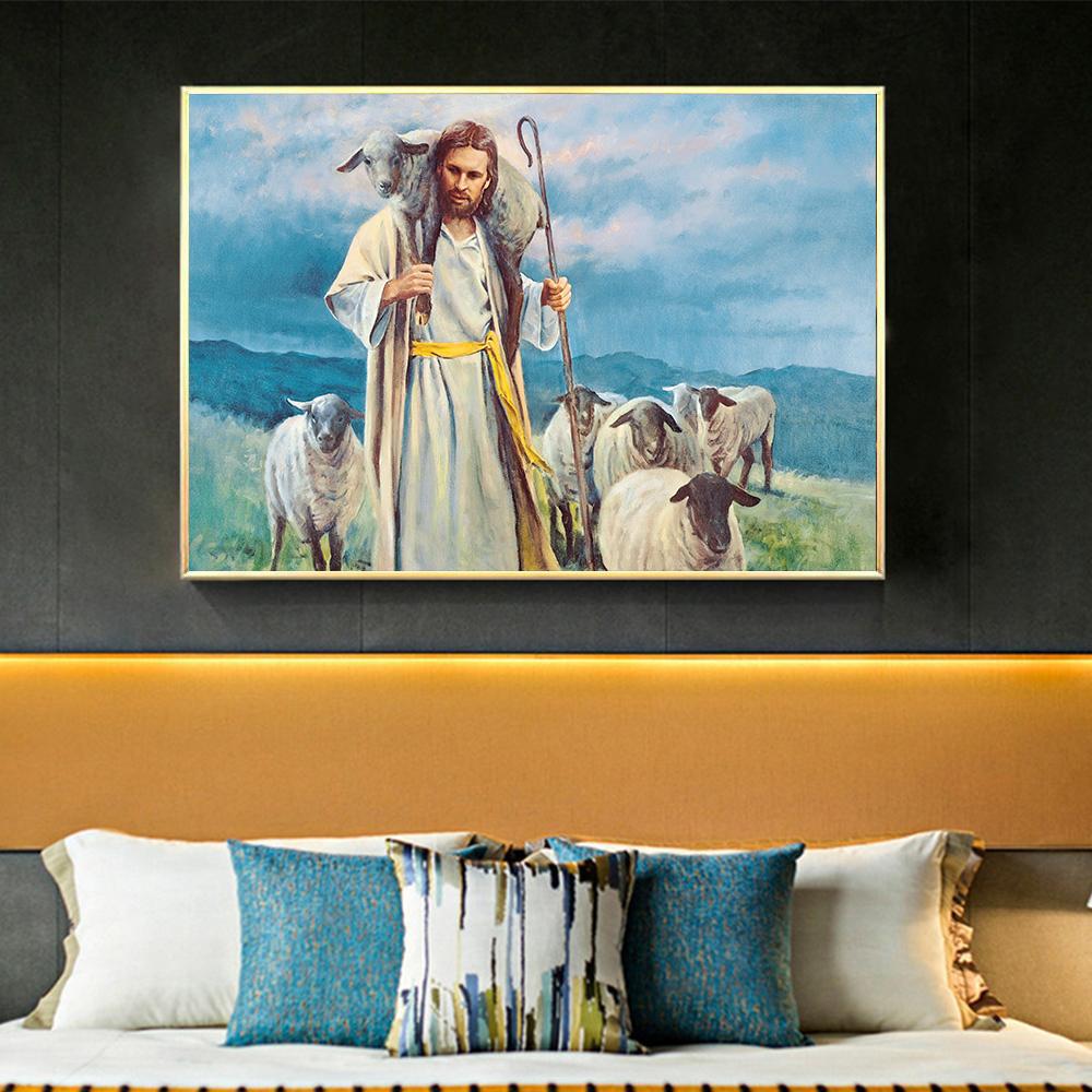Jesus Herding Sheep Canvas Art Classic Christian Religious Wall Decor Poster Print for Home Decoration