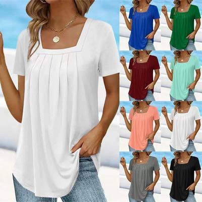 Summer Women's 2025 Solid Color Pleated Sexy Square Neck T-Shirt Fashion Casual Short Sleeve Loose Plus Size Commuter Top