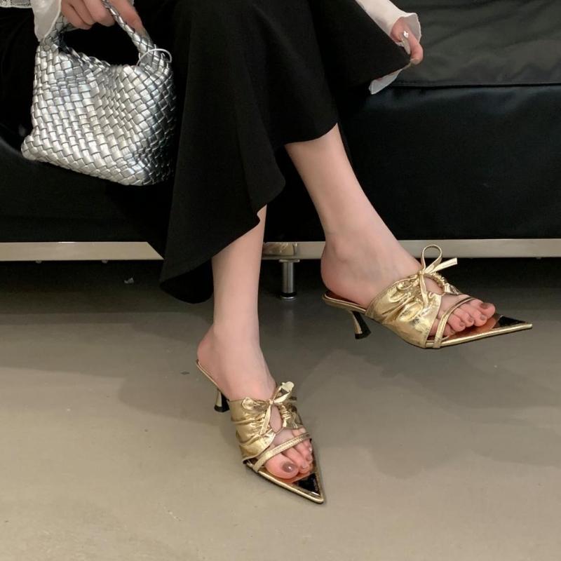 Fashion Elegant Butterfly-knot Brand Designer Slippers Women Fashion Pointed Toe Narrow Band Slide Sandals Sexy Open Toe Dress Shoes