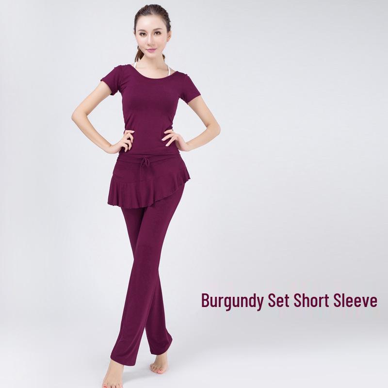 Women's Modal Yoga Set: Short Sleeve Top & Ruffle Hem Skirt with Chest Pad.