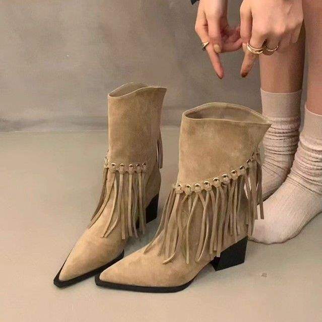

Frosted French pointed tassel thick heel short boots 2025 autumn and winter new temperament knight boots suede western cowboy boots 40 хаки